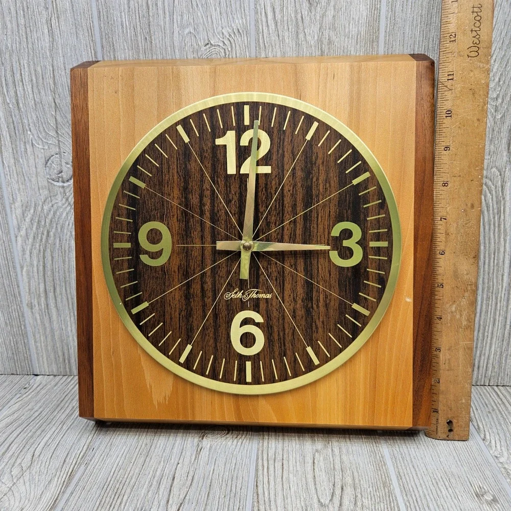 Seth Thomas Satinwood Wall‎ Clock Mid Century Modern Wood Block 2540-000 Vintage